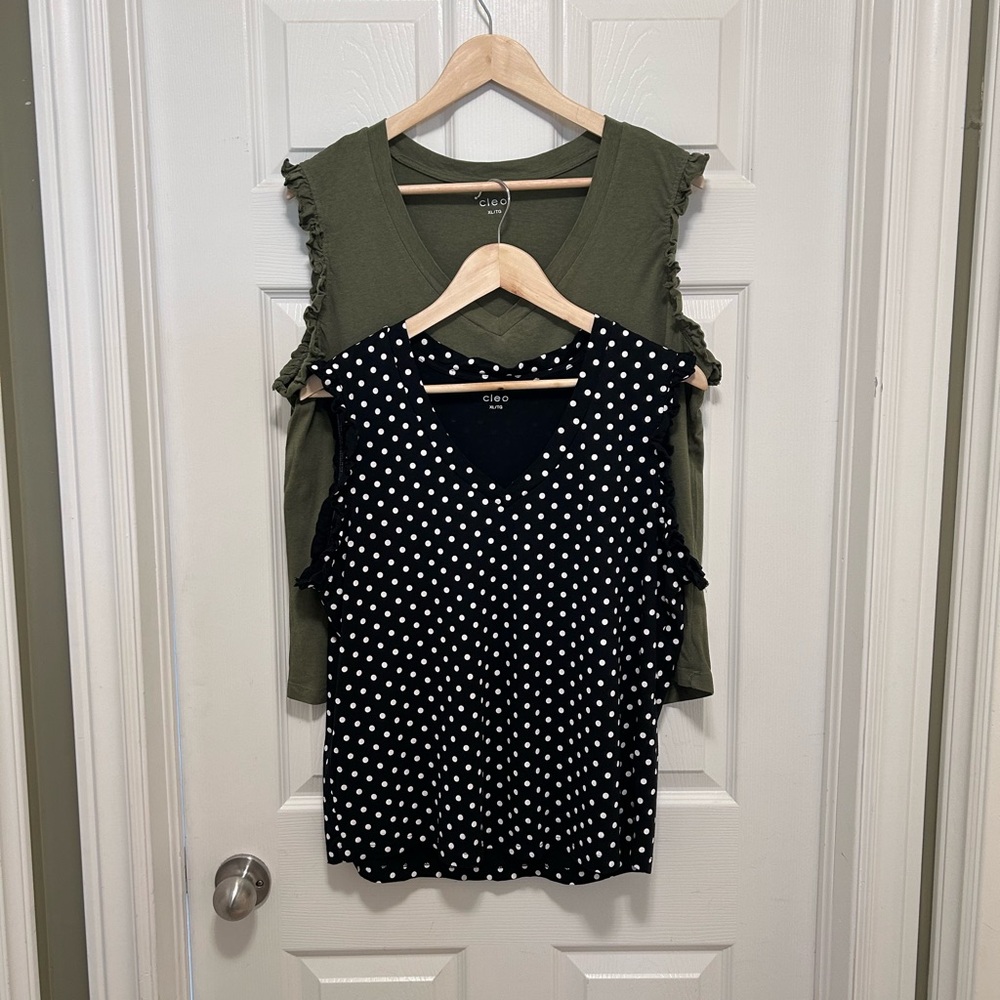 Cleo sleeveless tops, forest green and black with white pokadots, size XL.